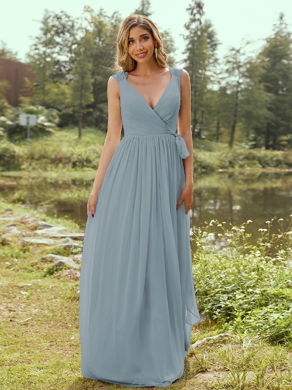 A-Line/Princess Chiffon Ruffles V-neck Sleeveless Floor-Length Bridesmaid Dresses 2235