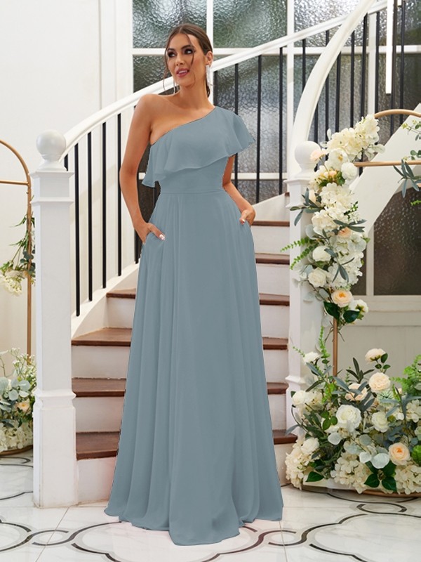 A-Line/Princess Chiffon Ruffles One-Shoulder Sleeveless Floor-Length Bridesmaid Dresses 2205