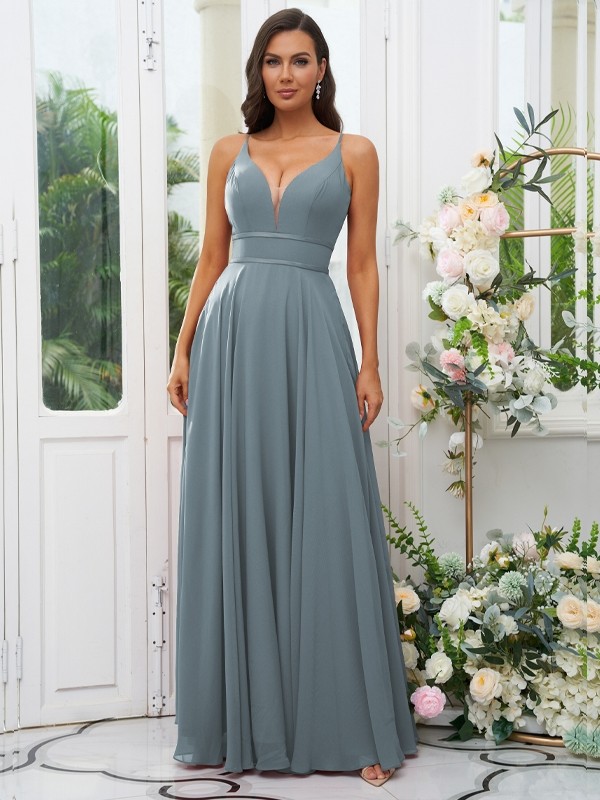 A-Line/Princess Chiffon Ruffles V-neck Sleeveless Floor-Length Bridesmaid Dresses 2239