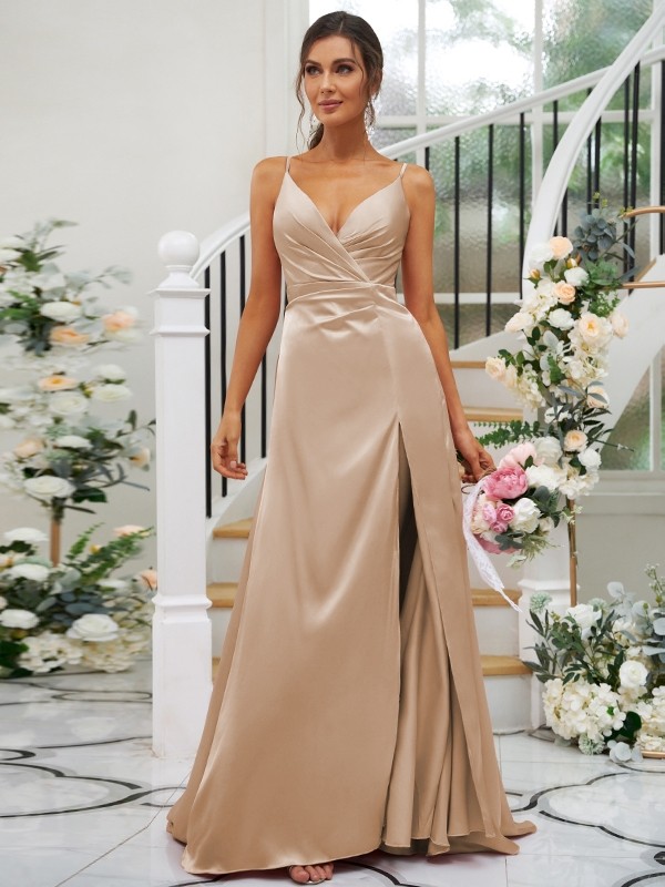 A-Line/Princess Silk like Satin Ruched V-neck Sleeveless Floor-Length Bridesmaid Dresses 2476