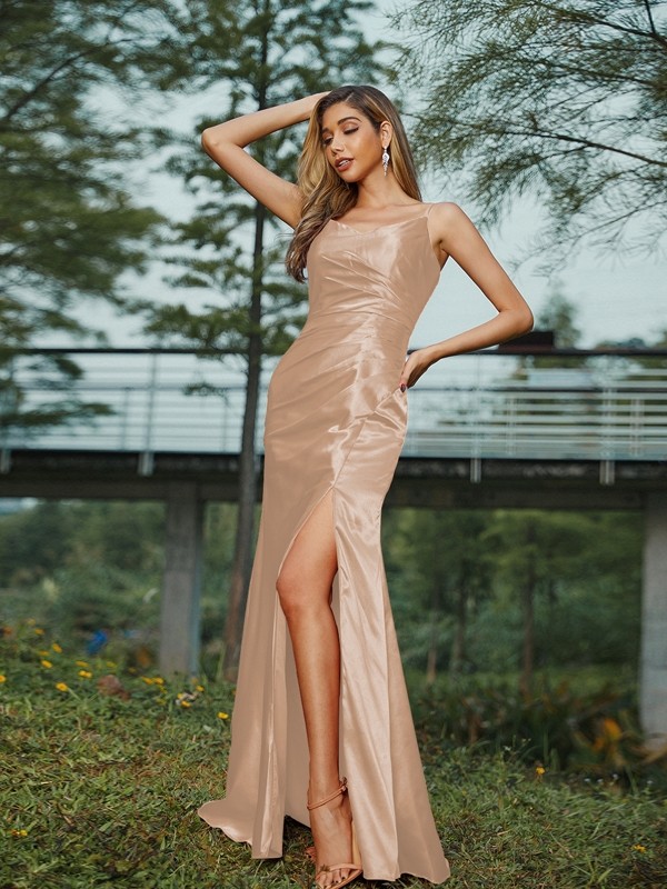 Sheath/Column Silk like Satin Ruched V-neck Sleeveless Floor-Length Bridesmaid Dresses 3083