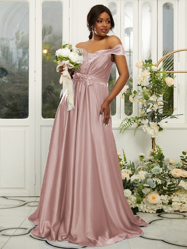 A-Line/Princess Silk like Satin Ruffles Off-the-Shoulder Sleeveless Sweep/Brush Train Bridesmaid Dresses 2482