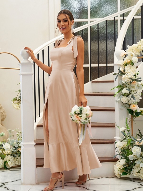 A-Line/Princess Silk like Satin Ruffles Straps Sleeveless Ankle-Length Bridesmaid Dresses 2486