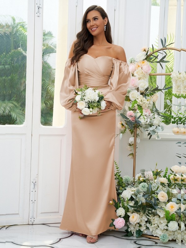 Sheath/Column Silk like Satin Ruched Off-the-Shoulder Long Sleeves Floor-Length Bridesmaid Dresses 3054