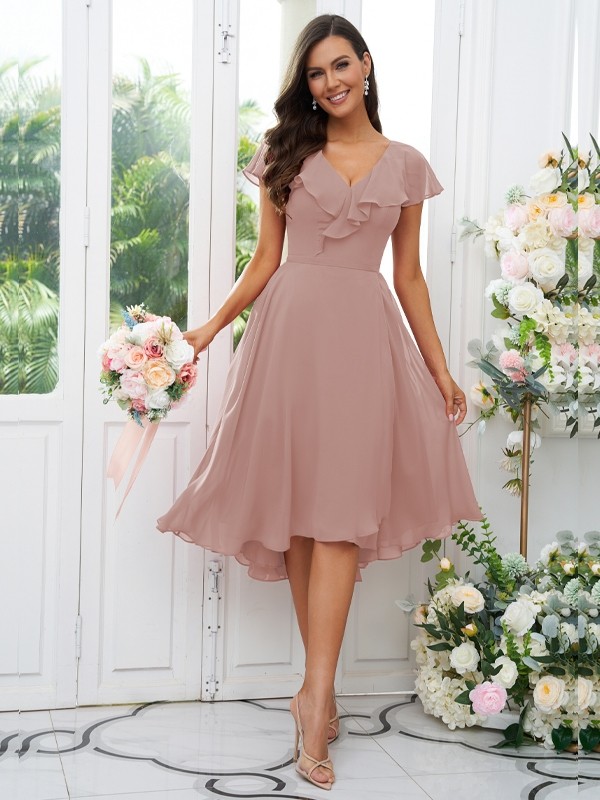 A-Line/Princess Chiffon Ruffles V-neck Short Sleeves Asymmetrical Bridesmaid Dresses 2221