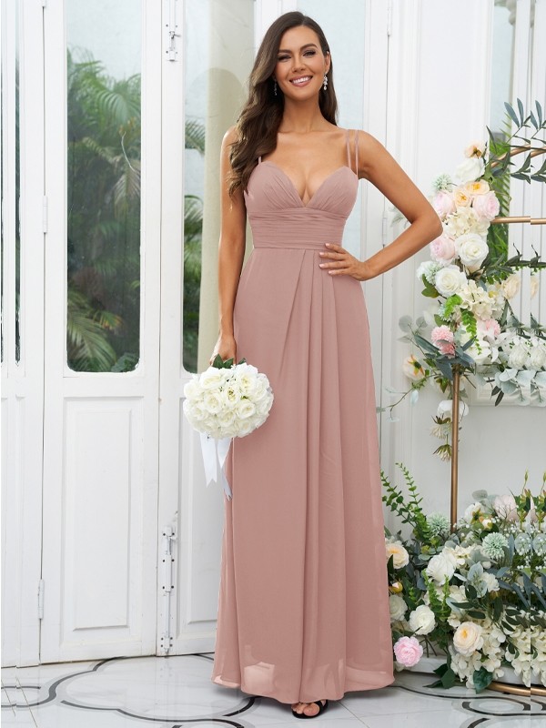 A-Line/Princess Chiffon Ruched V-neck Sleeveless Floor-Length Bridesmaid Dresses 2178