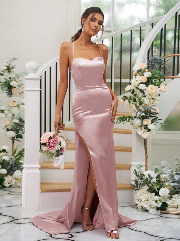 Sheath/Column Elastic Woven Satin Ruched Square Sleeveless Sweep/Brush Train Bridesmaid Dresses 2932