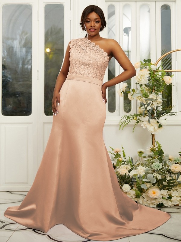 Sheath/Column Satin Lace One-Shoulder Sleeveless Sweep/Brush Train Bridesmaid Dresses 3017