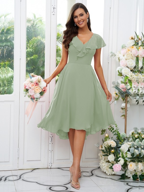 A-Line/Princess Chiffon Ruffles V-neck Short Sleeves Asymmetrical Bridesmaid Dresses 2221