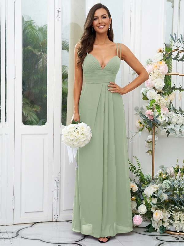 A-Line/Princess Chiffon Ruched V-neck Sleeveless Floor-Length Bridesmaid Dresses 2178