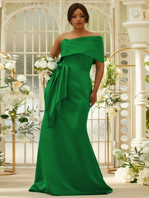 Sheath/Column Satin Ruched One-Shoulder Sleeveless Sweep/Brush Train Bridesmaid Dresses 3022