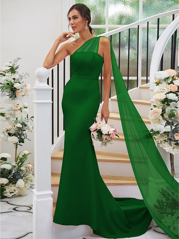 Sheath/Column Stretch Crepe Ruched One-Shoulder Sleeveless Sweep/Brush Train Bridesmaid Dresses 3168