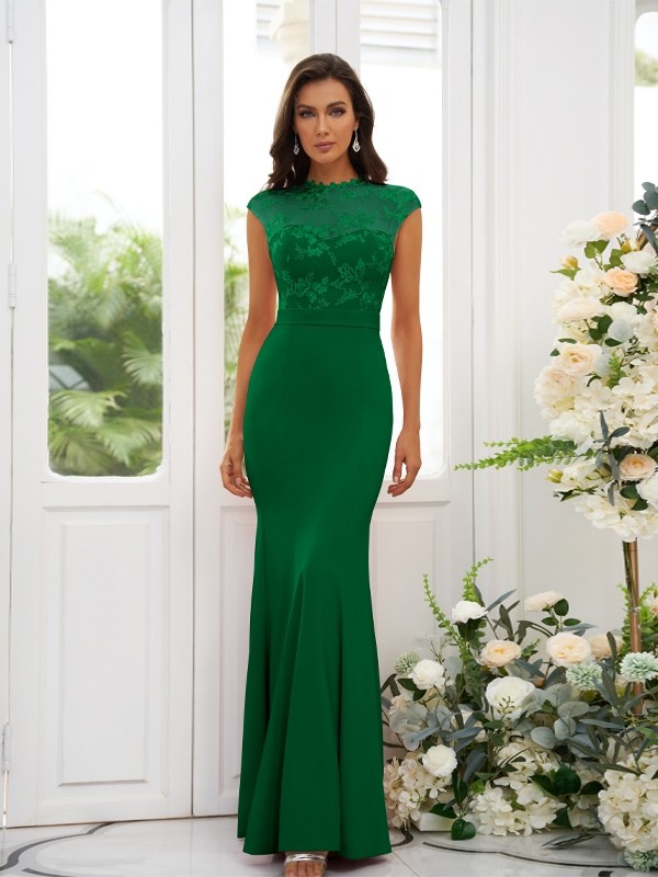 Trumpet/Mermaid Stretch Crepe Applique High Neck Sleeveless Floor-Length Bridesmaid Dresses 3243