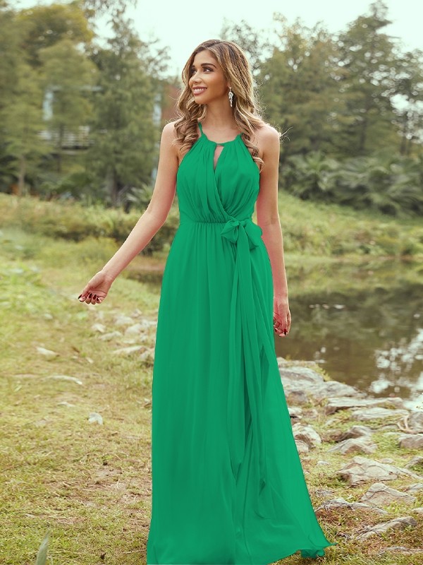 A-Line/Princess Chiffon Ruffles Halter Sleeveless Sweep/Brush Train Bridesmaid Dresses 2196