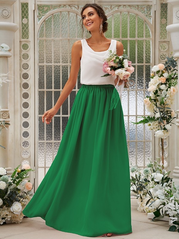 A-Line/Princess Chiffon Ruffles Scoop Sleeveless Floor-Length Two Piece Bridesmaid Dresses 2210