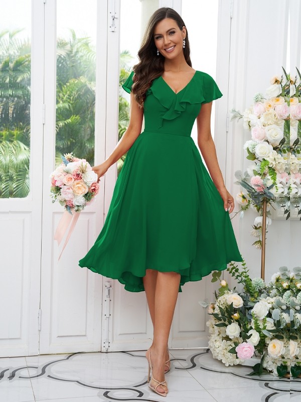 A-Line/Princess Chiffon Ruffles V-neck Short Sleeves Asymmetrical Bridesmaid Dresses 2221