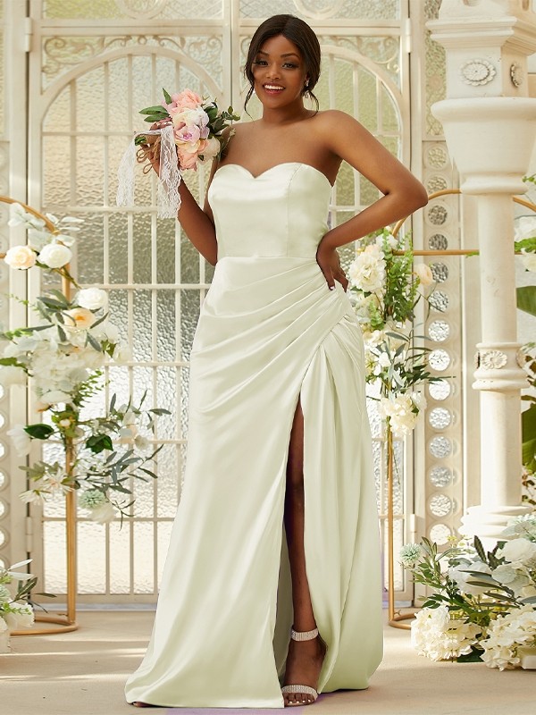 Sheath/Column Silk like Satin Ruched Sweetheart Sleeveless Sweep/Brush Train Bridesmaid Dresses 3079