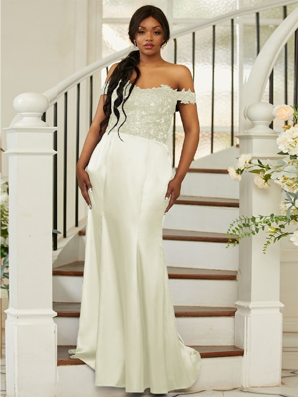 Sheath/Column Silk like Satin Applique Off-the-Shoulder Sleeveless Sweep/Brush Train Bridesmaid Dresses 3051