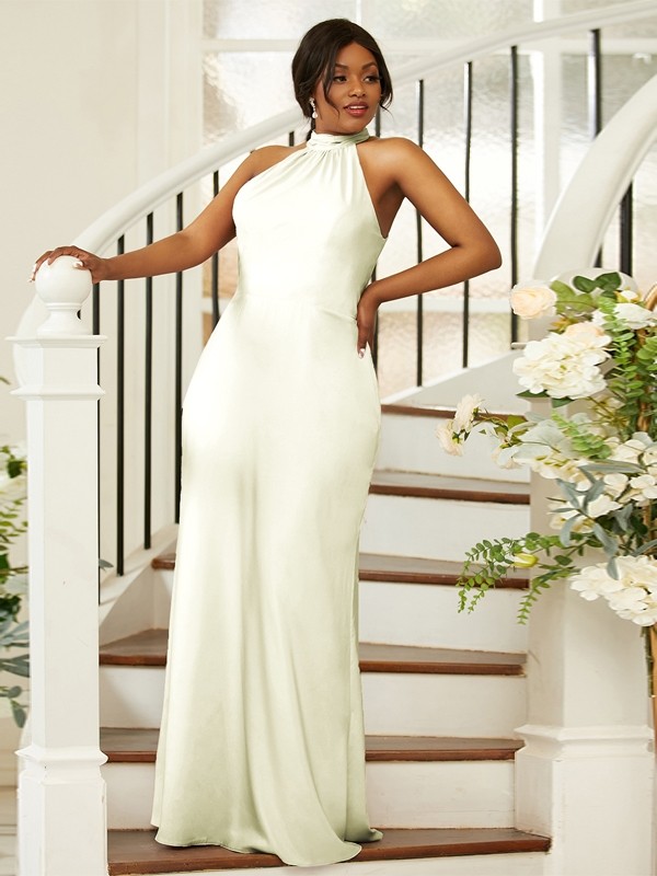 Sheath/Column Silk like Satin Ruched Halter Sleeveless Floor-Length Bridesmaid Dresses 3053