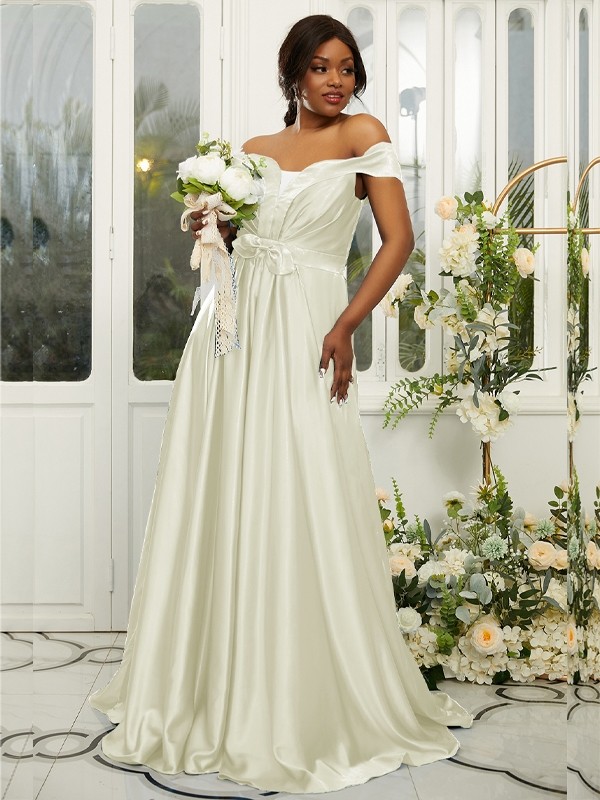 A-Line/Princess Silk like Satin Ruffles Off-the-Shoulder Sleeveless Sweep/Brush Train Bridesmaid Dresses 2482