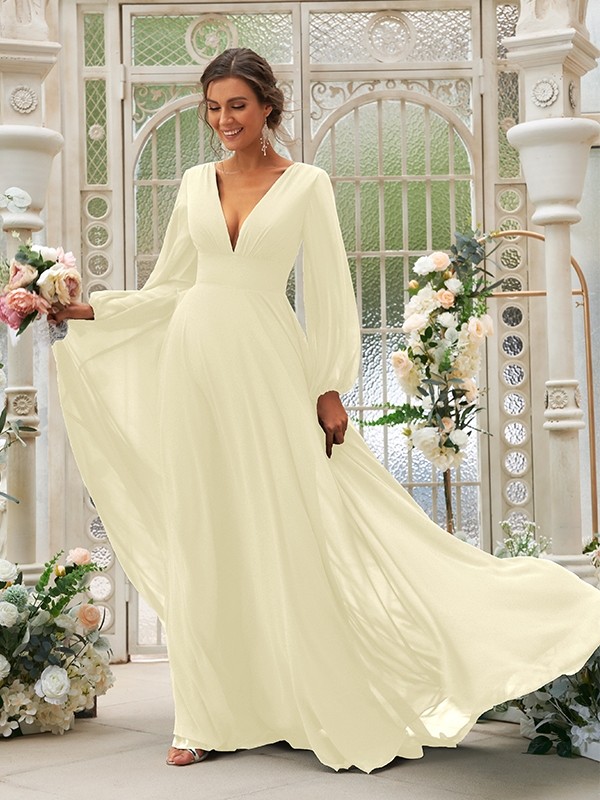 A-Line/Princess Chiffon Ruffles V-neck Long Sleeves Sweep/Brush Train Bridesmaid Dresses 2219