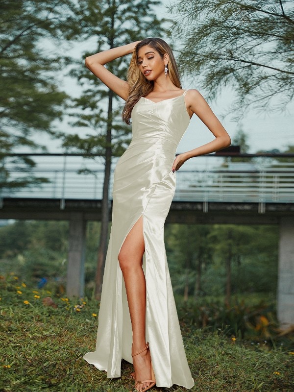 Sheath/Column Silk like Satin Ruched V-neck Sleeveless Floor-Length Bridesmaid Dresses 3083