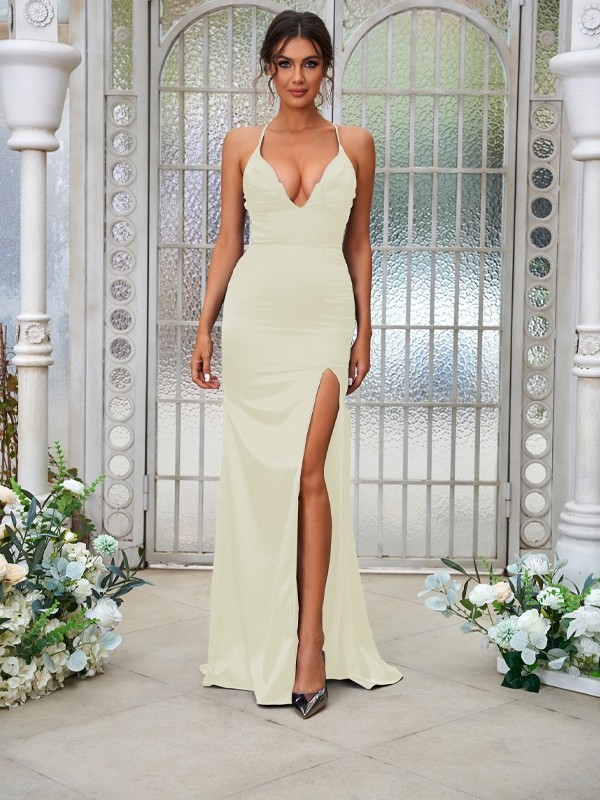 Sheath/Column Elastic Woven Satin Ruched V-neck Sleeveless Sweep/Brush Train Bridesmaid Dresses 2936