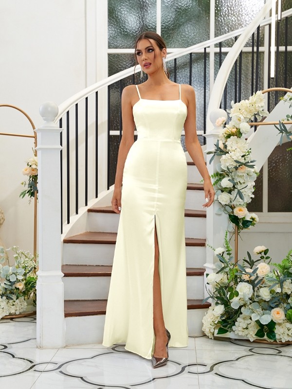 A-Line/Princess Silk like Satin Ruffles Spaghetti Straps Sleeveless Floor-Length Bridesmaid Dresses 2484