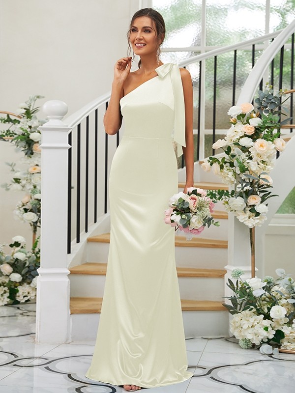 Sheath/Column Silk like Satin Bowknot One-Shoulder Sleeveless Floor-Length Bridesmaid Dresses 3052