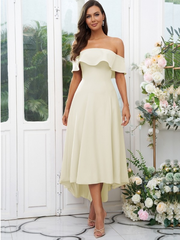 A-Line/Princess Stretch Crepe Ruffles Off-the-Shoulder Sleeveless Asymmetrical Bridesmaid Dresses 2662