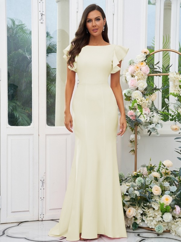 Sheath/Column Stretch Crepe Ruffles Scoop Short Sleeves Sweep/Brush Train Bridesmaid Dresses 3193