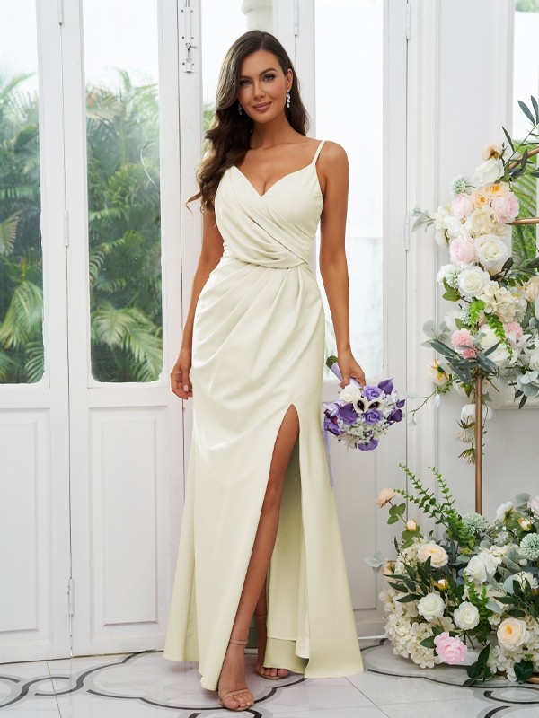 A-Line/Princess Stretch Crepe Ruched V-neck Sleeveless Floor-Length Bridesmaid Dresses 2660