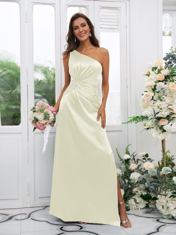 Sheath/Column Elastic Woven Satin Ruched One-Shoulder Sleeveless Floor-Length Bridesmaid Dresses 2922