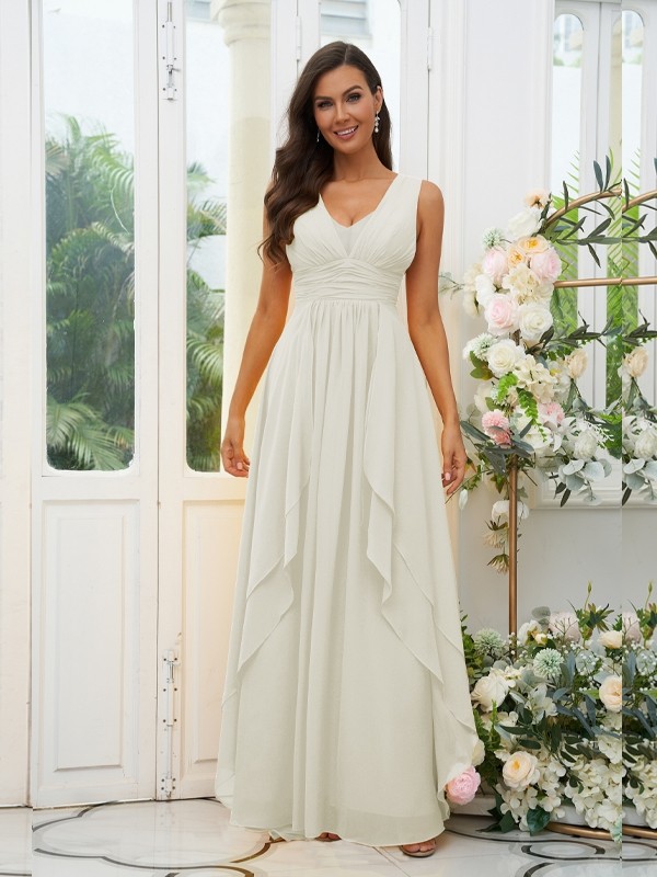 A-Line/Princess Chiffon Ruffles V-neck Sleeveless Floor-Length Bridesmaid Dresses 2240