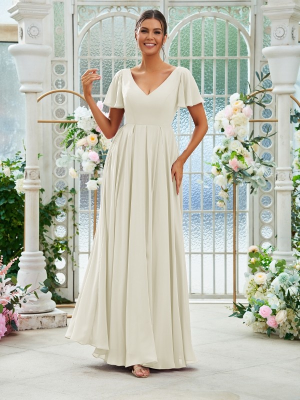 A-Line/Princess Chiffon Ruffles V-neck Short Sleeves Floor-Length Bridesmaid Dresses 2226