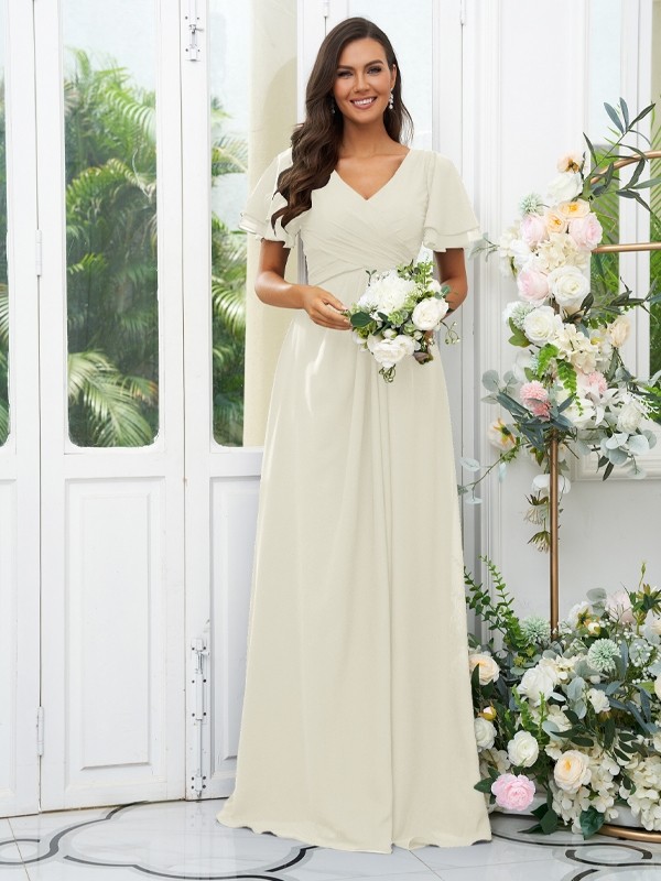 A-Line/Princess Chiffon Ruffles V-neck Short Sleeves Floor-Length Bridesmaid Dresses 2225