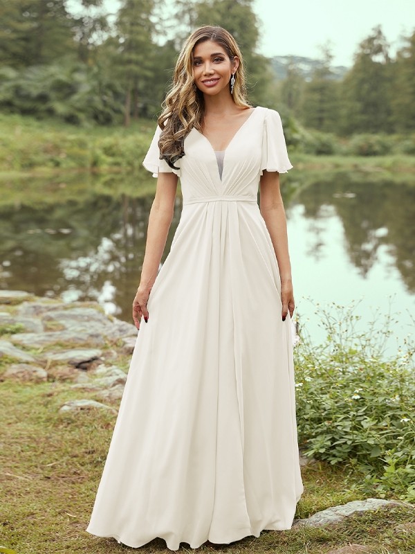 A-Line/Princess Chiffon Ruffles V-neck Short Sleeves Floor-Length Bridesmaid Dresses 2223