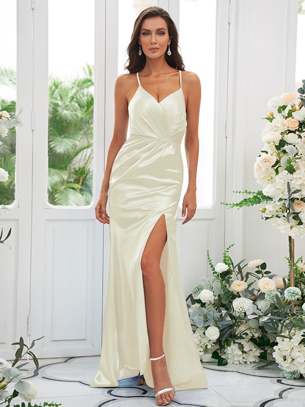 Sheath/Column Elastic Woven Satin Ruched Spaghetti Straps Sleeveless Sweep/Brush Train Bridesmaid Dresses 2929