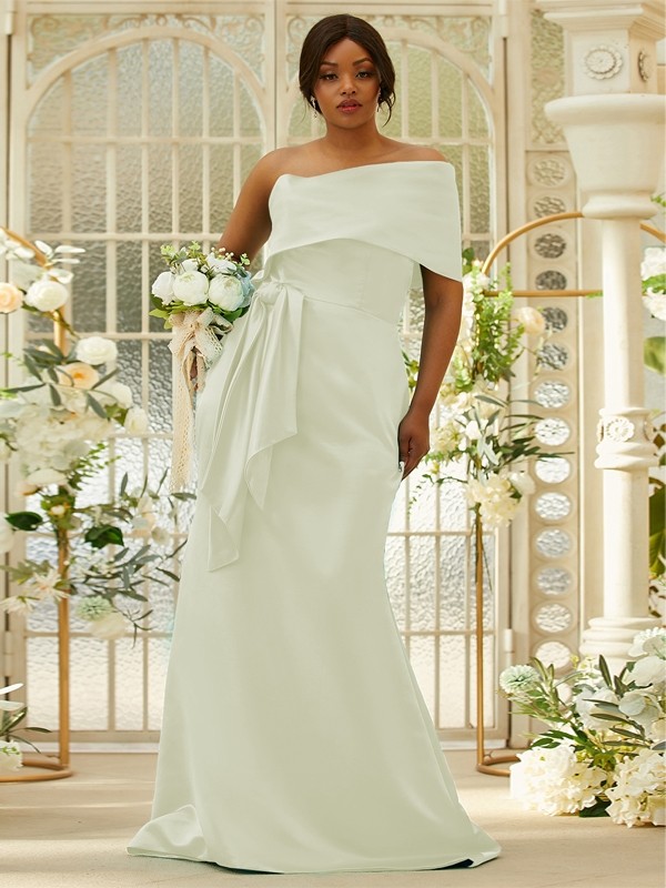 Sheath/Column Satin Ruched One-Shoulder Sleeveless Sweep/Brush Train Bridesmaid Dresses 3022