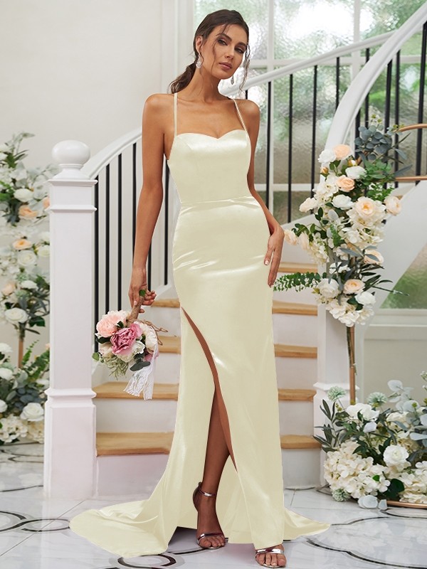 Sheath/Column Elastic Woven Satin Ruched Square Sleeveless Sweep/Brush Train Bridesmaid Dresses 2932