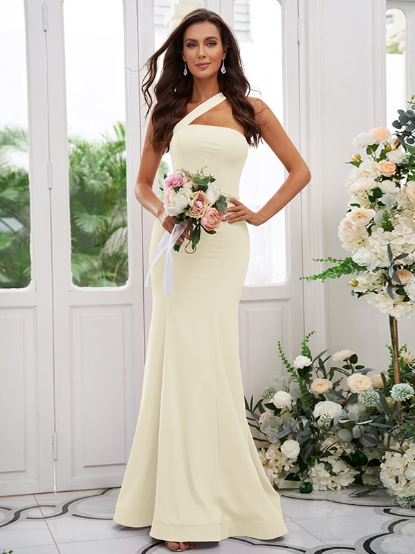 Sheath/Column Stretch Crepe Ruffles One-Shoulder Sleeveless Floor-Length Bridesmaid Dresses 3189