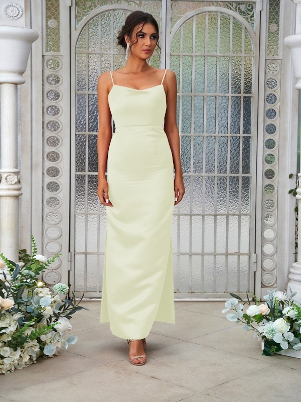 Sheath/Column Satin Ruched Spaghetti Straps Sleeveless Ankle-Length Bridesmaid Dresses 3025