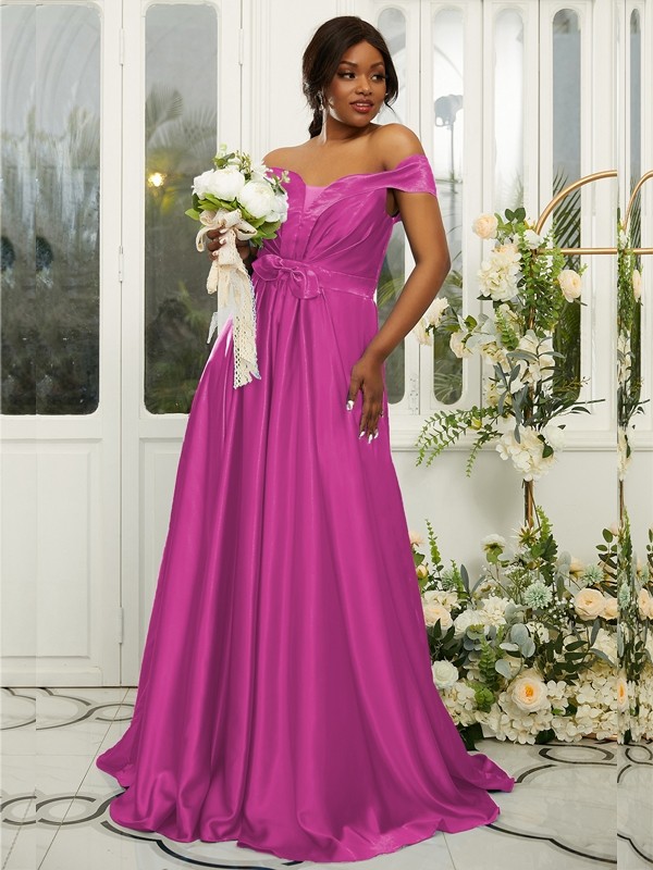 A-Line/Princess Silk like Satin Ruffles Off-the-Shoulder Sleeveless Sweep/Brush Train Bridesmaid Dresses 2482