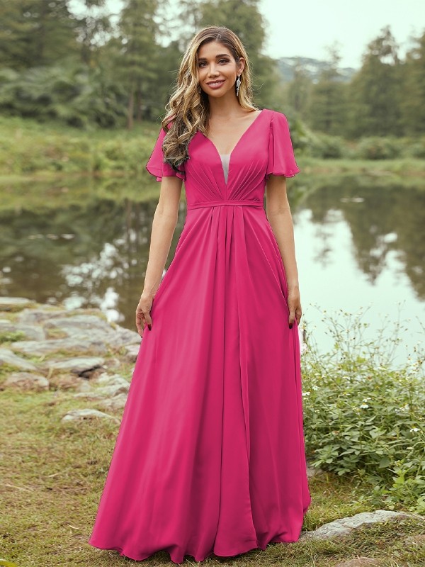 A-Line/Princess Chiffon Ruffles V-neck Short Sleeves Floor-Length Bridesmaid Dresses 2223