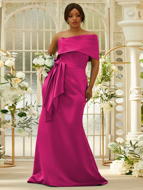 Sheath/Column Satin Ruched One-Shoulder Sleeveless Sweep/Brush Train Bridesmaid Dresses 3022