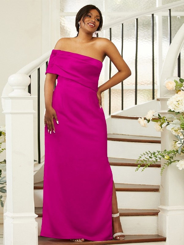 Sheath/Column Satin Ruched One-Shoulder Sleeveless Floor-Length Bridesmaid Dresses 3020