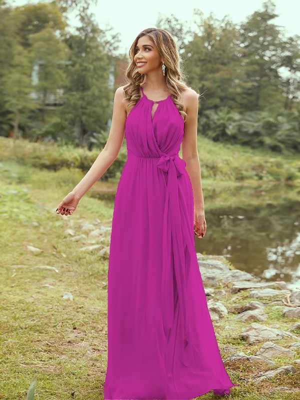 A-Line/Princess Chiffon Ruffles Halter Sleeveless Sweep/Brush Train Bridesmaid Dresses 2196