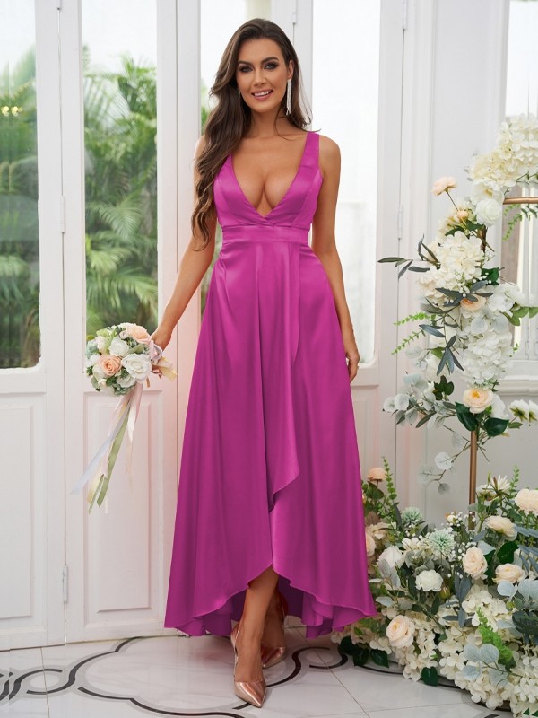 A-Line/Princess Silk like Satin Ruffles V-neck Sleeveless Ankle-Length Bridesmaid Dresses 2489