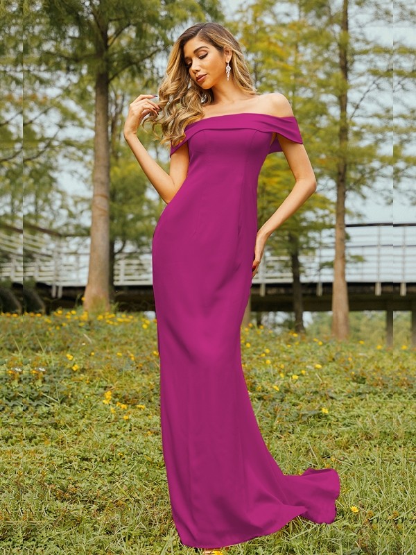 Sheath/Column Jersey Ruched Off-the-Shoulder Sleeveless Sweep/Brush Train Bridesmaid Dresses 2958