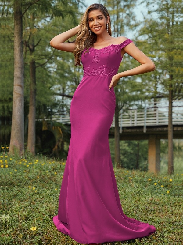 Sheath/Column Jersey Applique Off-the-Shoulder Sleeveless Sweep/Brush Train Bridesmaid Dresses 2954